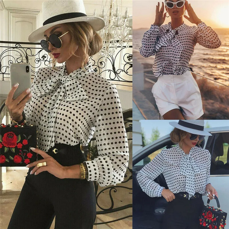 

Modsi Women Bownot Elegant Blouse Office Ladies White Transparent Causal Dots Sheer Mesh Shirt Femme Loose Tops Blouse