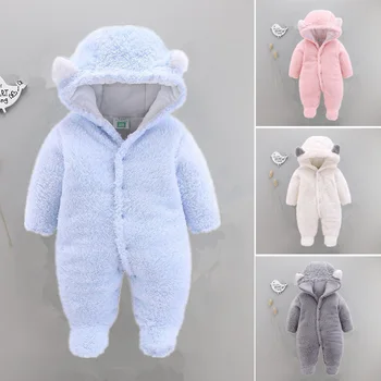 

2019 Winter Hooded Baby Rompers Coral Fleece Warm Newborn Girls Clothing Solid Color Boy Down Snowsuit Infant Jumpsuits