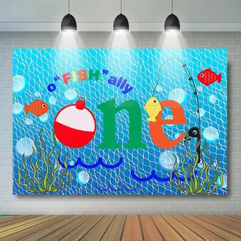 

Gone Fishing 1st Birthday Party Backdrop “O Fish Ally Blue” Boy First Birthday Party Decor Fishing Nets Bubbles Photo Background