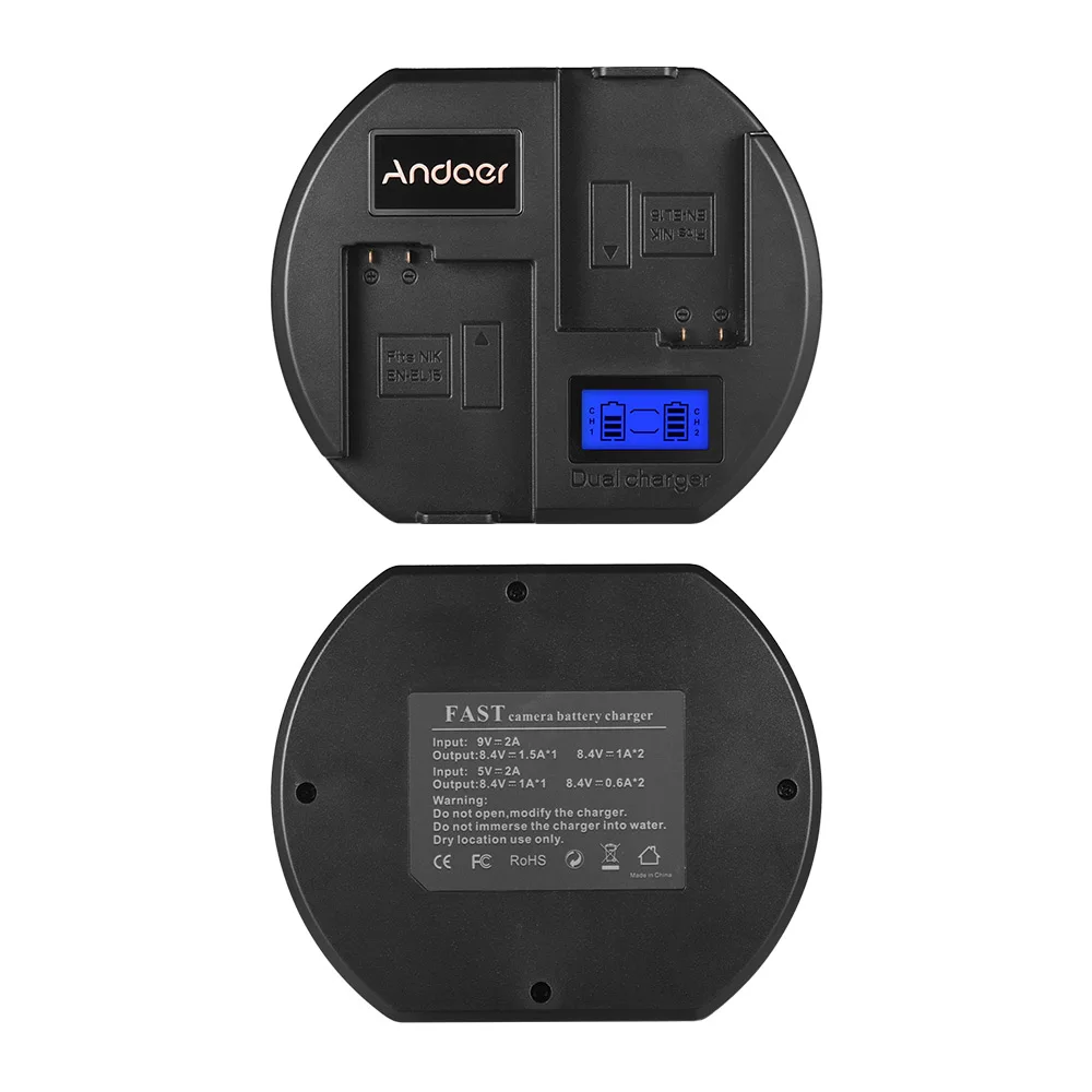 Andoer Fast Charger Dual-channel Camera Battery Charger Digital LCD Display USB Input for Nikon EN-EL15 Battery