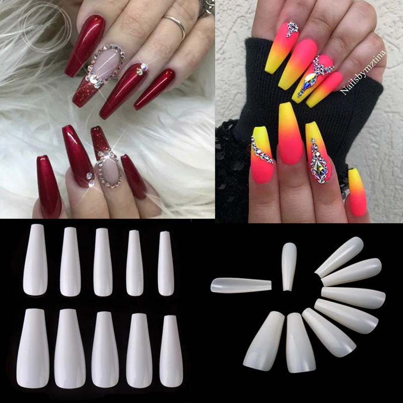 

100Pcs/Opp Long Ballerina Nails Clear Coffin Fake Tips ABS Full Cover Pointed Fasle Manicure Charms White Natural