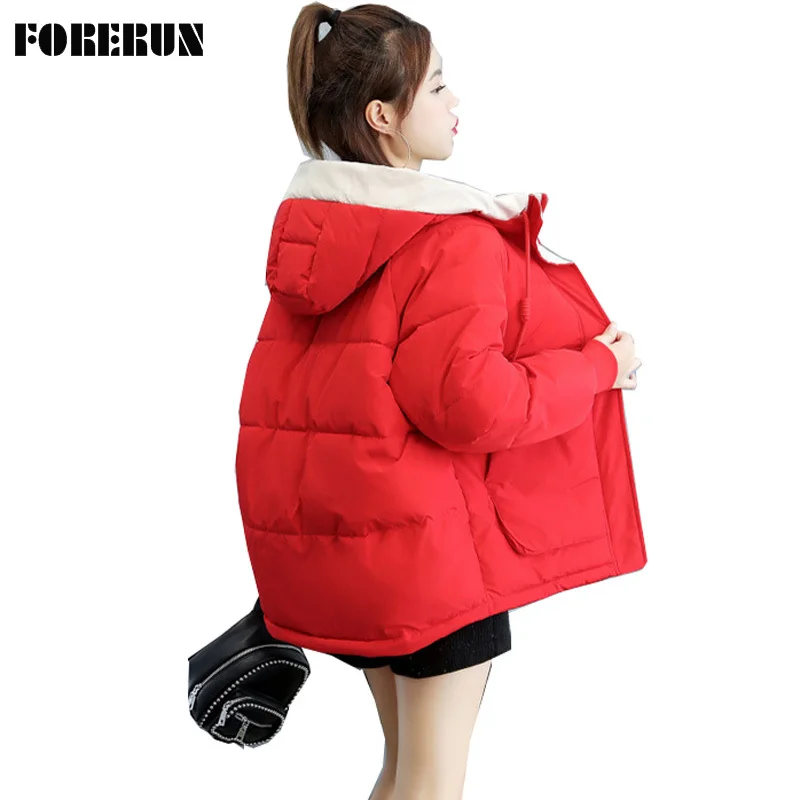 

FORERUN Winter Jacket Women Oversized Puffer Jackets Hooded Cotton Padding Warm Casual Short Bubble Coat