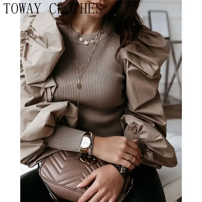 Round Neck Puff Sleeve Insert Ribbed Blouse Women Spring Autumn Long Casual Tops Streetwear | Женская одежда