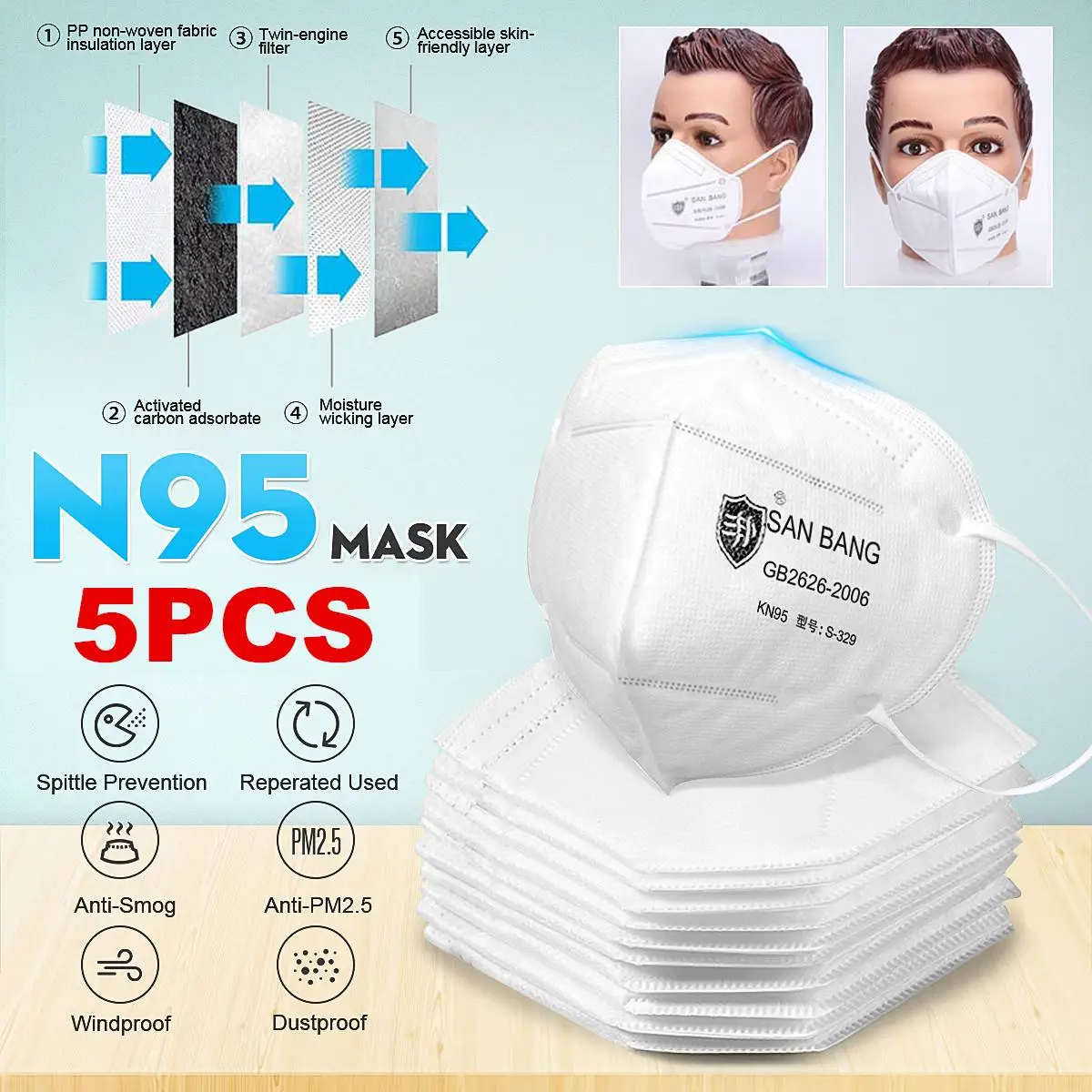 

N95 FFP2 Mask 5PCS PM2.5 KN95 Respirator for Anti Pollution Dust Mask 4 Layer Face Mask Safety Protective