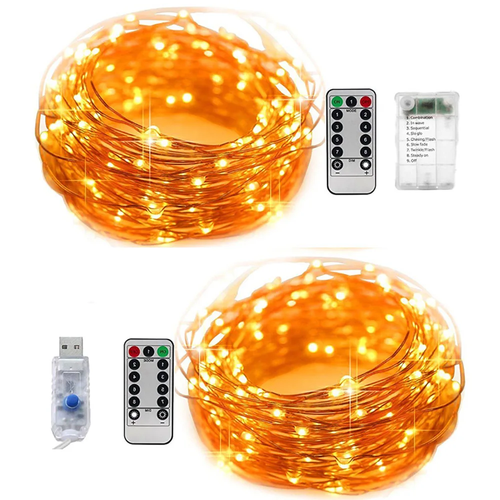 Festive outdoor copper LED string light 10m 20m remote control timing battery USB garden light for party Christmas decoration