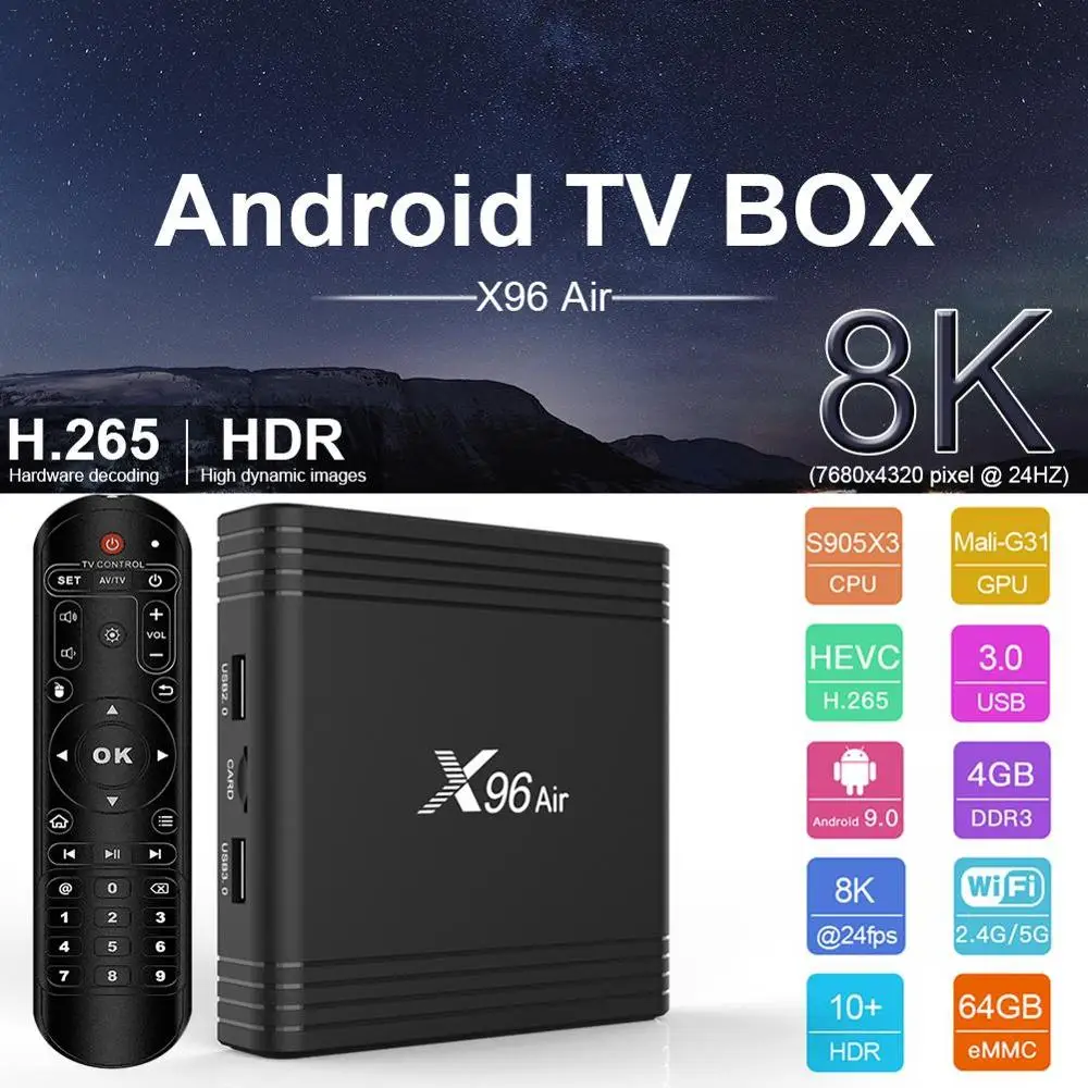 Новая модель X96 Air Amlogic S905X3 Мини Android 9,0 ТВ приставка 4 Гб 64 ГБ 32 ГБ wifi 4K 8K 24 кадров в секунду X96 Air 2 Гб 16 Гб Смарт ТВ приставка
