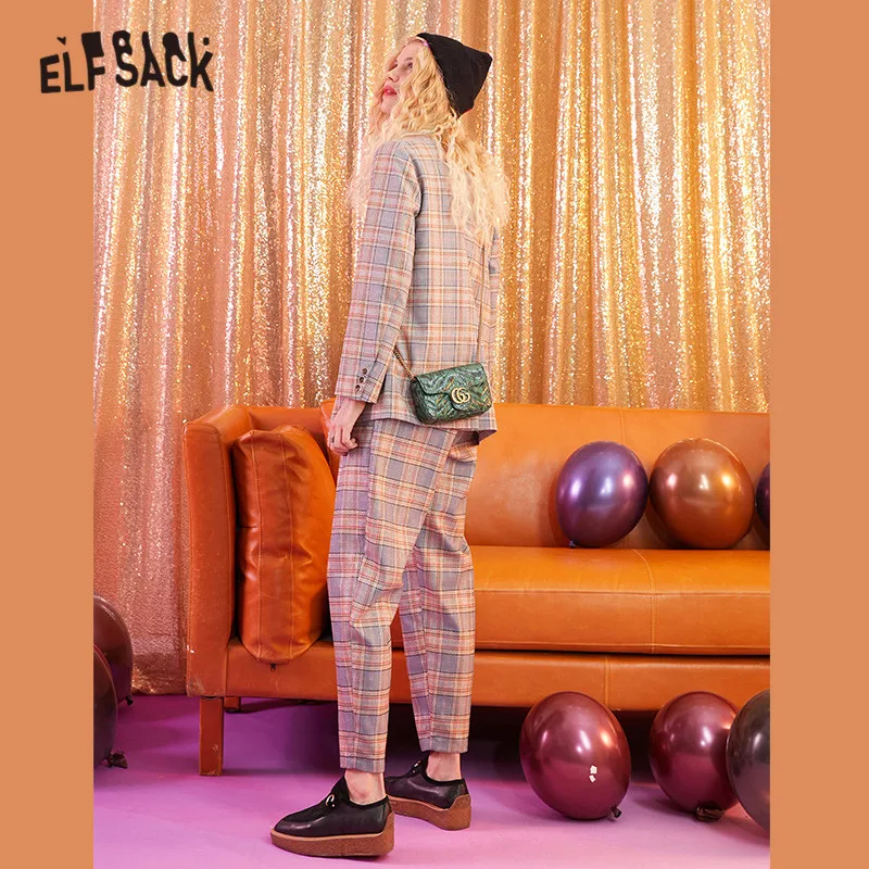 ELFSACK, клетчатый Британский женский Блейзер на одной пуговице, осень, длинный рукав, повседневный комплект из двух предметов, офисный Женский Повседневный комплект