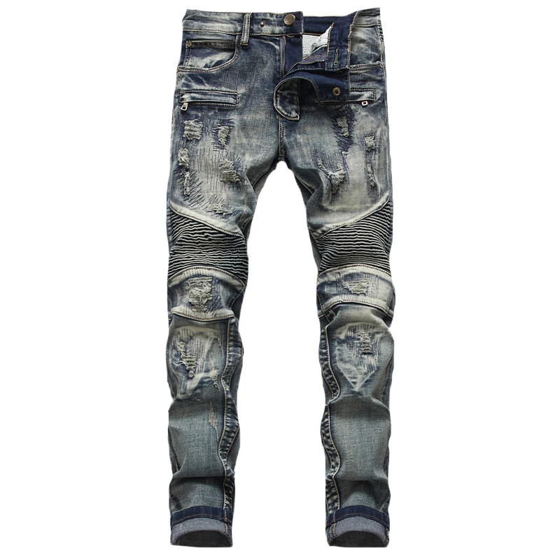 

New Fashion stitching ripped jeans men's male trendy straight personality retro locomotive folds frayed beggar pants trousers