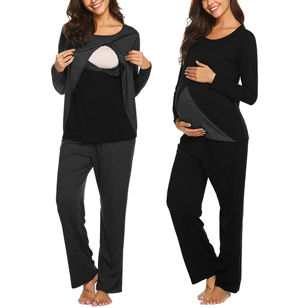 Комплект одежды для беременных женщин; Повседневная футболка для грудного вскармливания; полиэфирная Пижама; брюки; костюм для беременных; топ для кормления; Embarazada