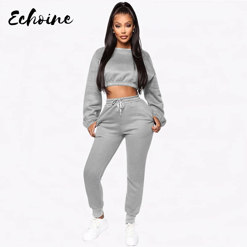 

Autumn Winter Women's Set Full Sleeve O-Neck Crop Top Long Pants Add Wool Solid Two Piece Set Tracksuit Outfits Sportswear S-2XL