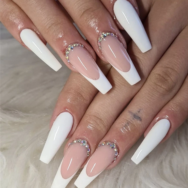 Uñas postizas francesas, decoración de uñas acrílicas con diamantes de  imitación para novia desnuda, bailarina, 24 piezas|Uñas postizas| -  AliExpress