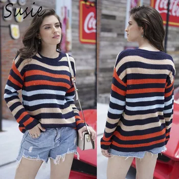 

2019 Autumn Women Ladies Loose Pullover Sweater Fit Knitwear Jumper Long Sleeve Rainbow Stripes Knitting Clothes Spring Winter F