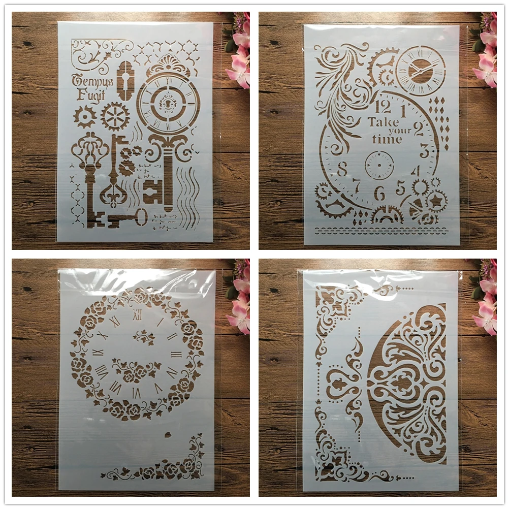 4Pcs-A4-29cm-Vintage-Clock-Gear-Key-DIY-Layering-Stencils-Wall-Painting ...