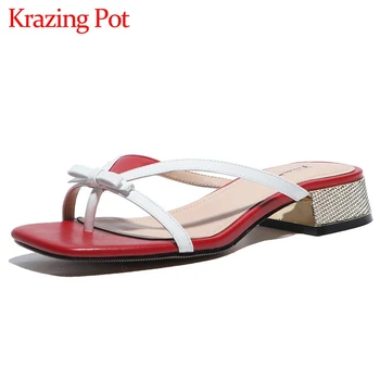 

Krazing pot new natural leather flip-flop med heel butterfly-knot Korean street young lady daily wear slip on sandals women L37