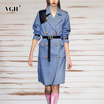 

VGH Hit Color Patchwork Windbreaker For Women Lapel Long Sleeve High Waist With Sashes Blue Casual Coat Female Fashion New Tide