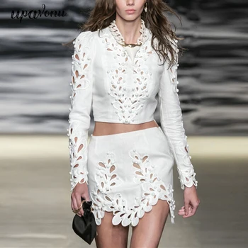 

2020 New Elegant Hollow Out Two Piece Set Female O Neck Long Sleeve Short Blouse High Waist Skirt Irregular Suits Women Tide