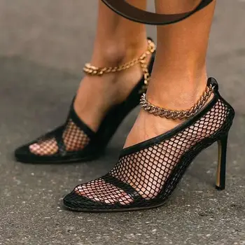 

Prowow New Sexy Stiletto Luxury Brand HIgh Quality Metal Chian HIgh Heel Pumps Breathable Mesh Sexy Pumps Shoes Women