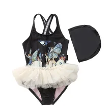 INS/Одежда для купания принцессы для маленьких девочек; детский купальник с принтом для малышей; цельная пляжная одежда с шапочкой