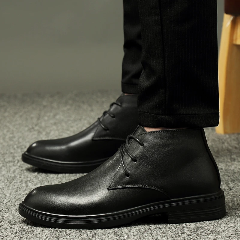 

Plush warm Winter Cow genuine Leather Men Boots Lace-Up Fur Snow Boots Motorcycle Men Shoes Ankle Boots Non-slip Plush Boots