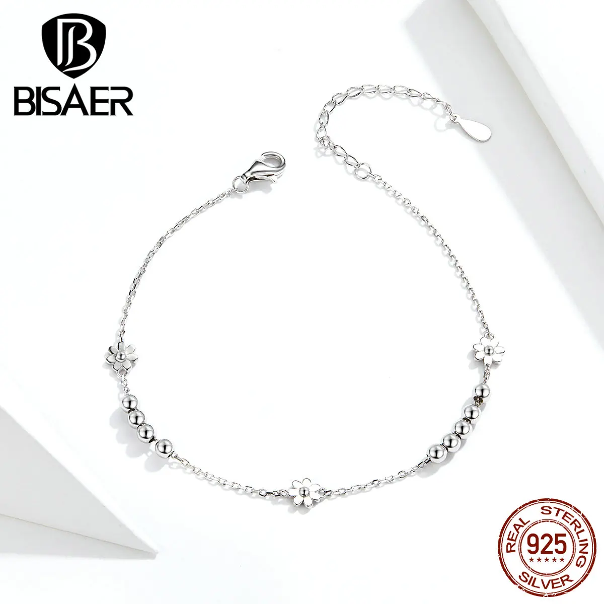 Браслеты с маргаритками BISAER 925 пробы Серебряный цветок женские браслеты на цепочке для женщин ювелирные изделия из стерлингового серебра ECB146