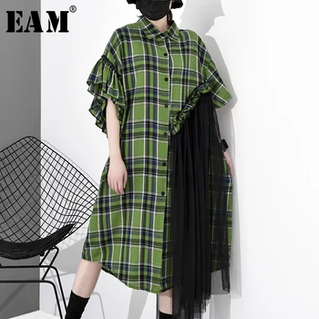 

[EAM] Women Green Plaid Mesh Stitch Big Size Shirt Dress New Lapel Half Sleeve Loose Fit Fashion Tide Spring Autumn 2020 1S037