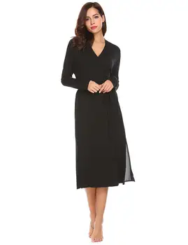 

Women Long Sleeve Solid Back Double Layered Sleepwear Robe with Belt