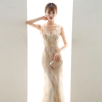 

Exquisite Female Embroidery Cheongsam Champagne Evening Party Gown Elegant Qipao Sheath Trumpet Mesh Dress Sexy Slim Vestidos