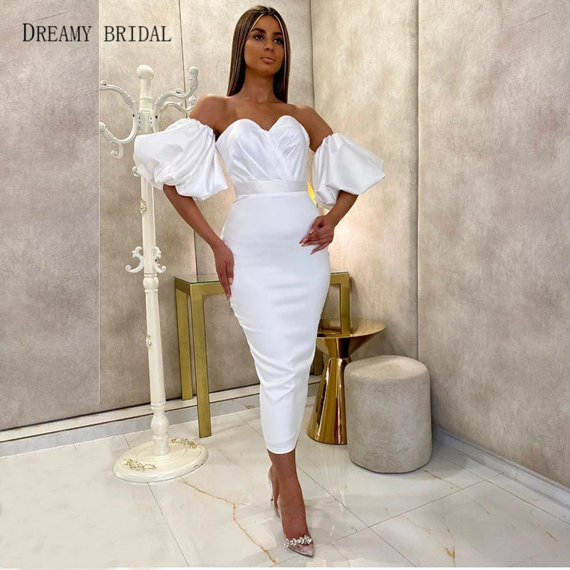 Bridal Pleated Puffy Sleeves Cocktail Dresses Tea Length Club Hot Wear 2k20 Fashionable Dress
