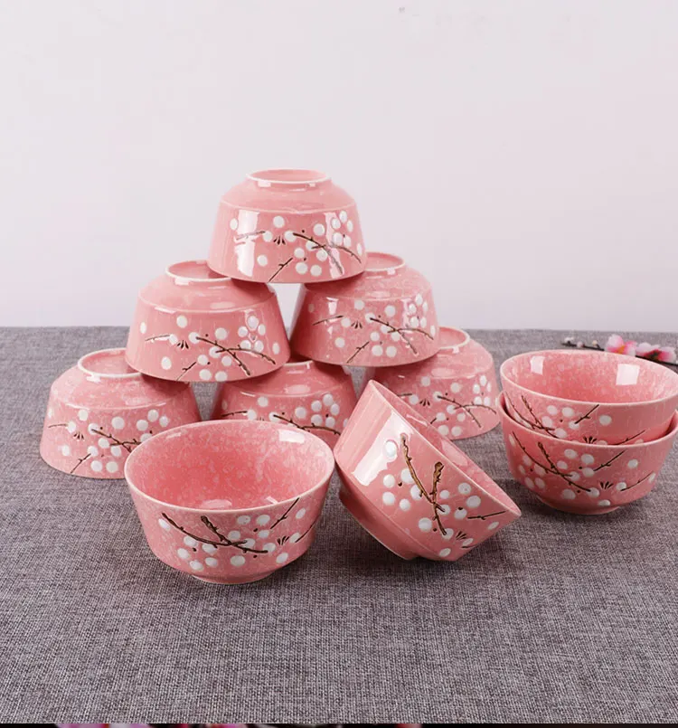 Ceramic bowl and plate Japanese tableware home snow glaze underglaze simple cute pattern bowl noodle rice bowl 10 Pack