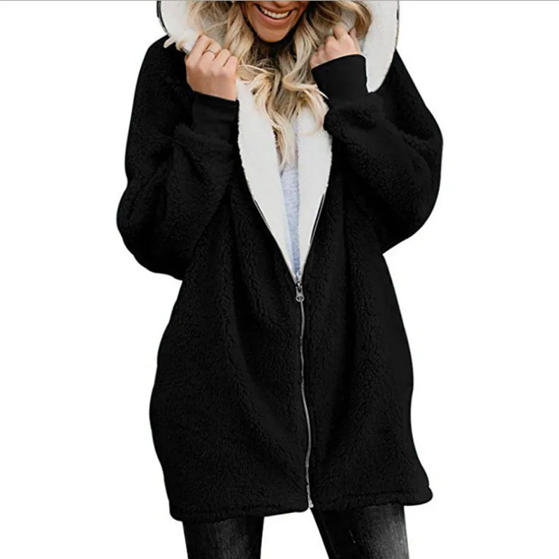Comprar Otoño Invierno chaqueta básica mujer cremallera abrigo largo de piel con capucha mujer de talla grande nueva ropa casual para damas prendas de vestir chaquetas BDR677