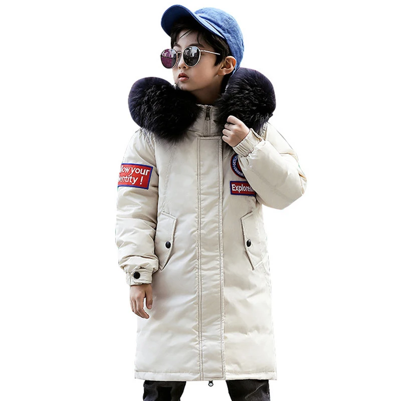 

2019 new Children down jacket hooded long coat parka real fur kids 8 10 16 teens boy -30 Russia winter clothing overcoat clothes