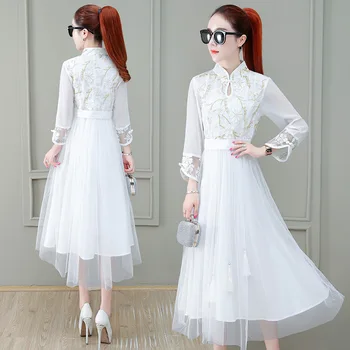 

White Dress Autumn Embroidery Cheongsam Modified Slim Slimming Temperament Chiffon over the Knee Medium Length Woman Dress
