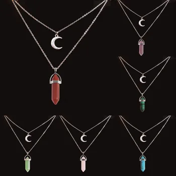 

Natural Stone Crystal Pendant Silver Color Double Moon Hexagonal Column for Charms Women Necklaces Jewelry Accessories