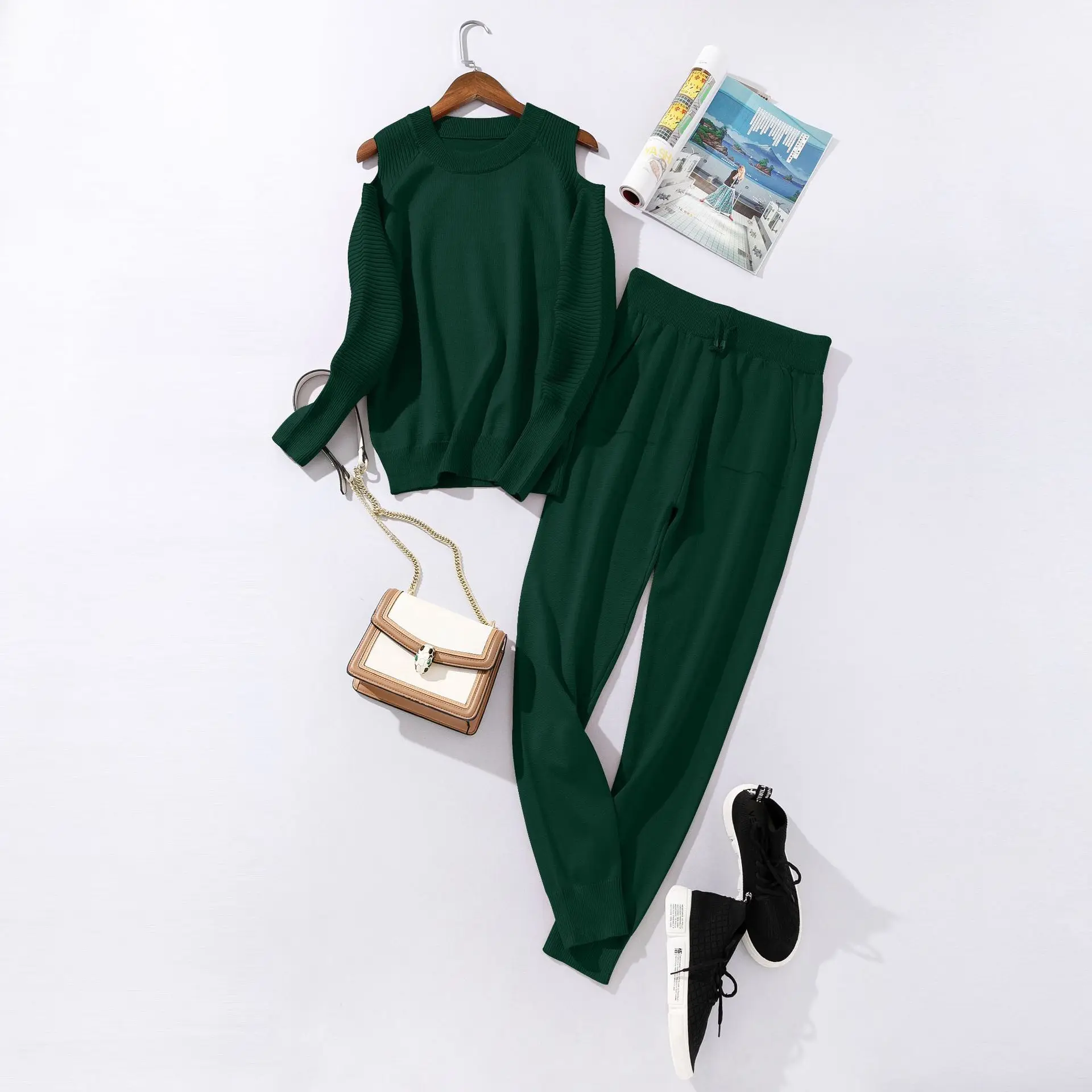 TAOVK женский осенний свитер, костюмы, водолазка, свитер с длинным рукавом+ длинные брюки, вязаные комплекты из 2 предметов - Цвет: Dark Green