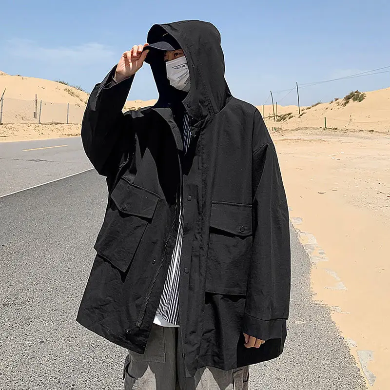 

Autumn Hooded Jacket Men's Fashion Solid Color Pocket Tooling Jackets Mens Streetwear Loose Hip-hop Bomber Jacket Men M-3XL