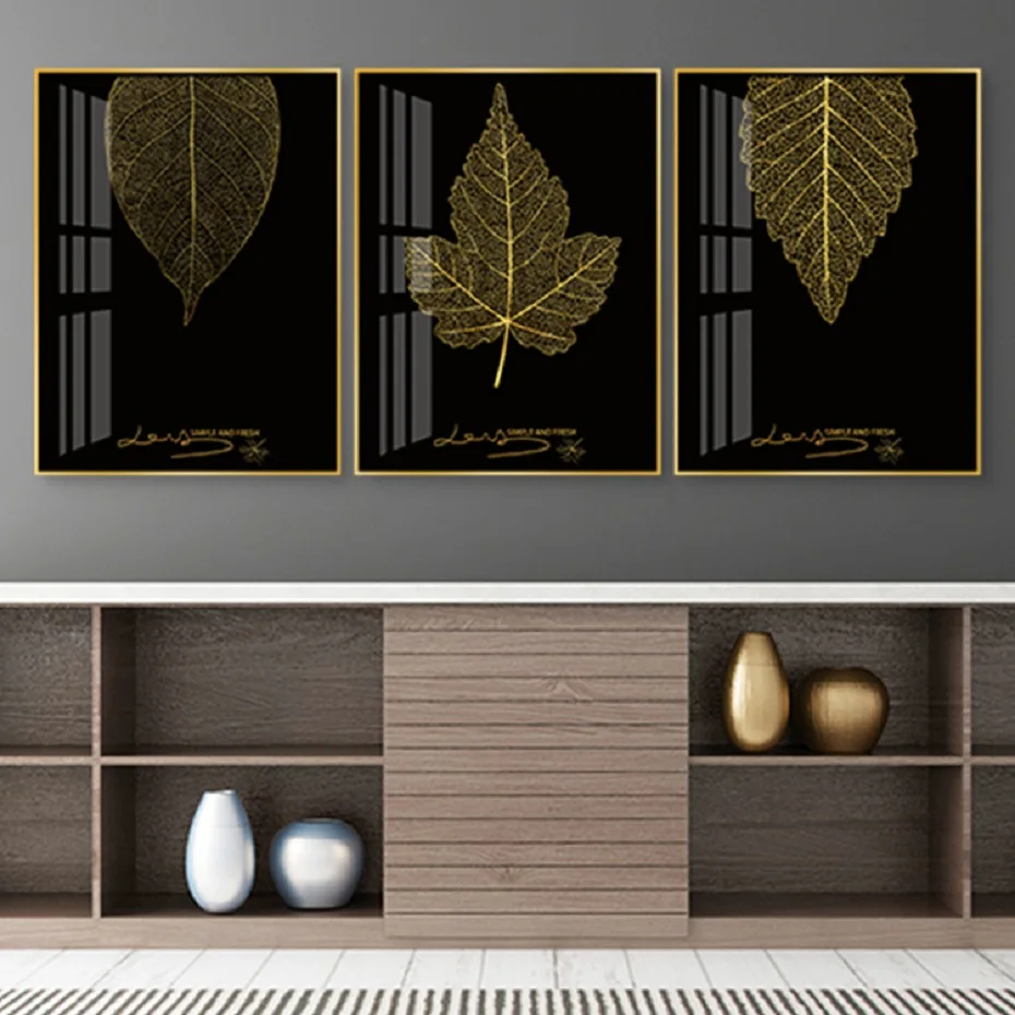 

3 Pieces Minimalist Black and Gold Leaves Canvas Paintings Wall Art Posters Decorative Wall Prints for Living Room Home Decor