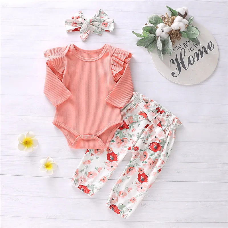 Baby girl clothes Infant Baby Girls Ruffles Solid Romper Bodysuit+Floral Pants+Headband Outfits ubranka dla niemowlat #4J25 (12)