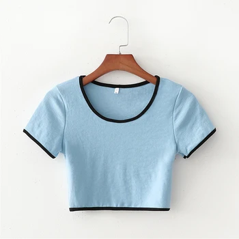 

2020 NEW Summer Women tops blue black mixed-color O-Neck short sleeve short T-shirt sexy fashion female woman clothes
