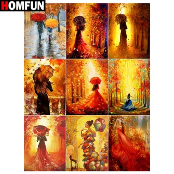 

HOMFUN 5D DIY Full Diamond Embroidery "Woman umbrella maple leaf " Diamond Painting Cross Stitch Rhinestone Home Decoration