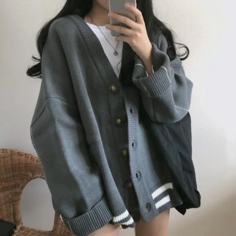 Women Casual Striped Sweater Cardigan Female V-Neck Tops Oversized Long Sleeve Single Breasted Sweater Coat