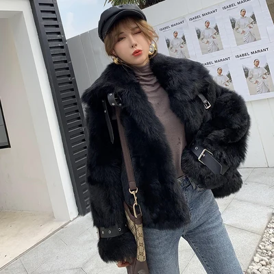 Черный Women's Short Motorcycle Fur Jacket Winter Warm Overcoat Genuine Tuscan Sheepskin Leather Coat - Цвет: Черный