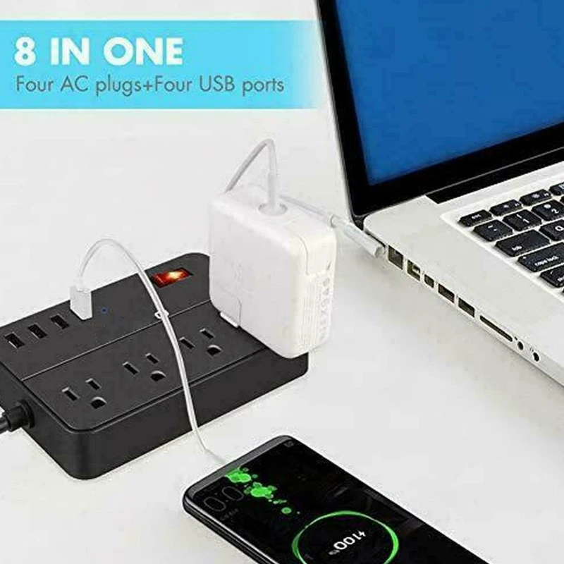Power Strip Extension Cord Surge Protector Portable US with 4 USB Ports for Home CLH@8