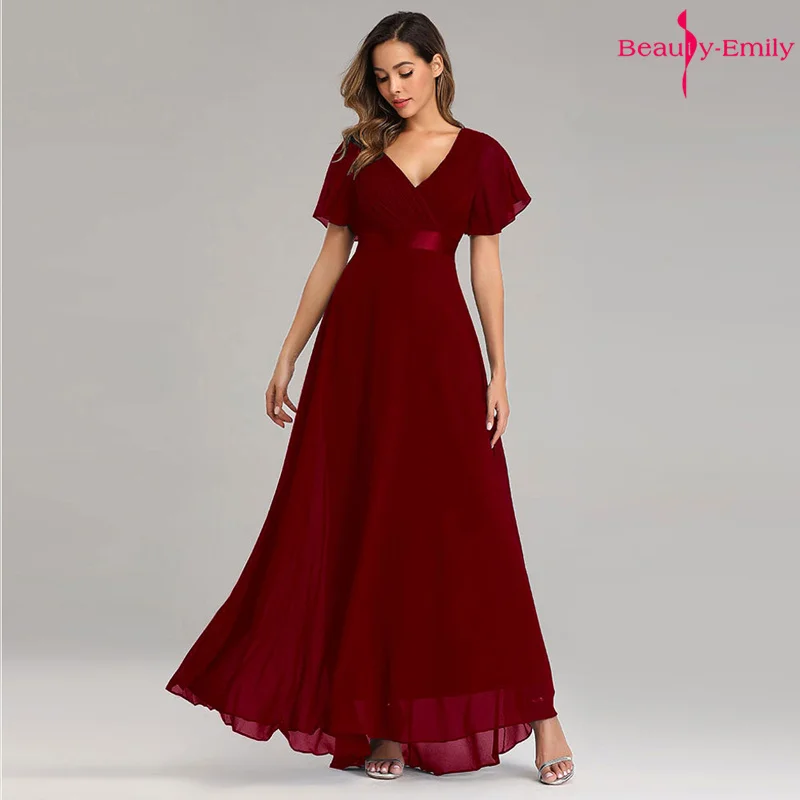 Beauty-Emily шифоновые вечерние платья с v-образным вырезом, длинное вечернее платье с оборками и открытой спиной, элегантные платья для