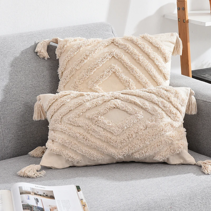 H9c74ddad17db471a87fce919e54195caR Tassels Decorative Cushion Cover 45x 45cm/30x50cm Beige Sofa Pillow Case Cover Handmade Home Decoration for living Room Bed