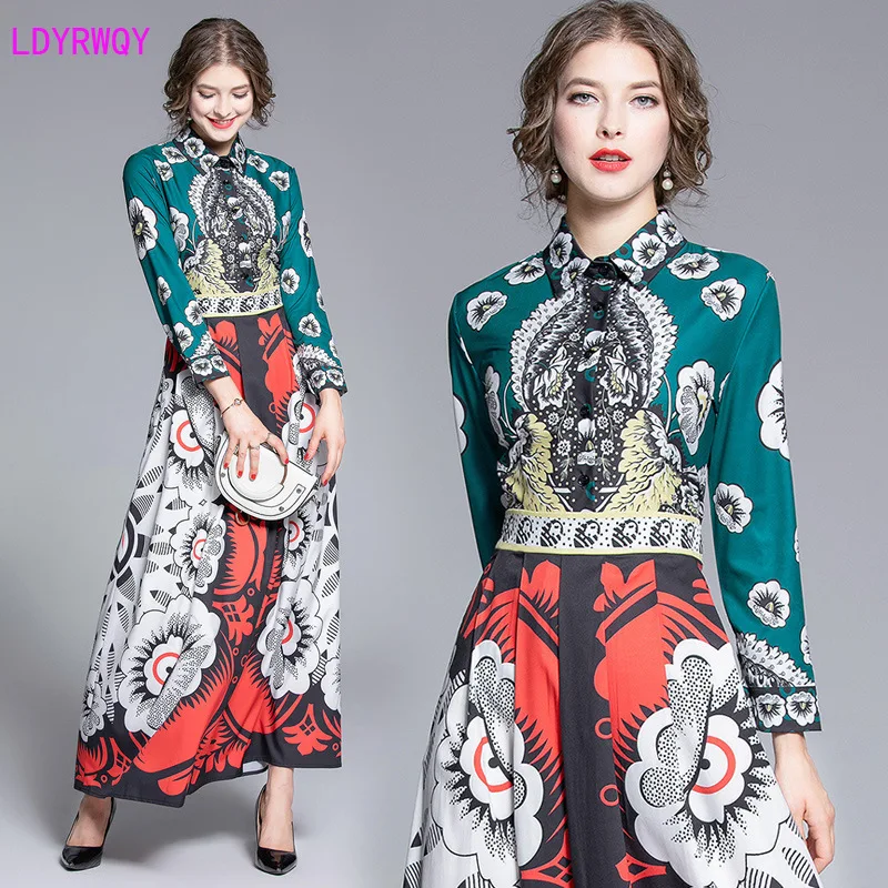 

2019 autumn and winter new European and American women's fashion print lapel long-sleeved mature trend long temperament dress