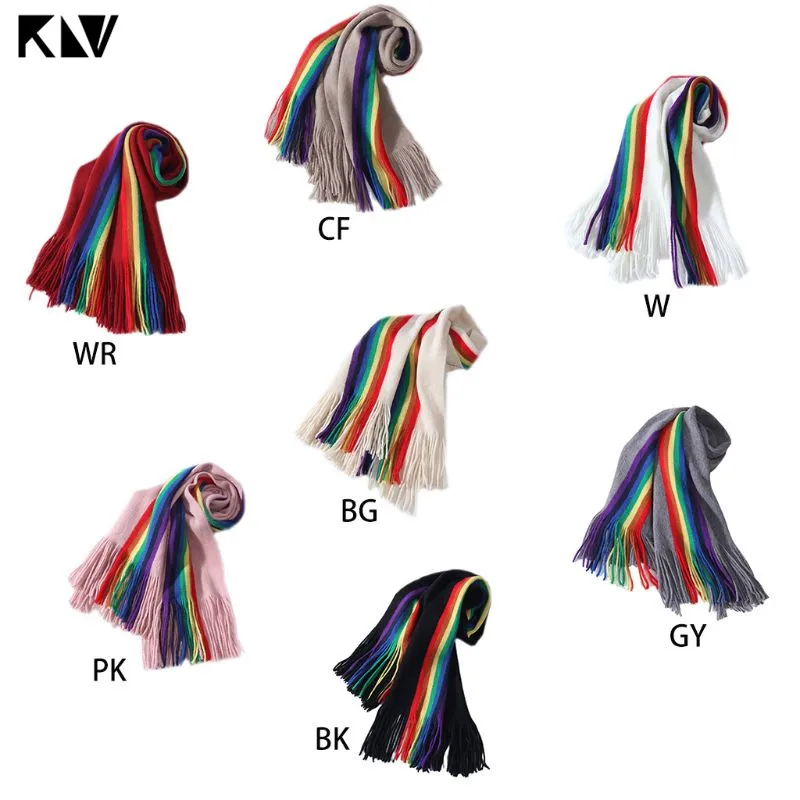 190x40cm Women Girls Pashmina Rainbow Vertical Striped Patchwork Oversized Scarf Shawl with Tassels Winter Warm Blanket Wraps