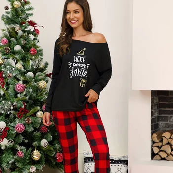 

Christmas Pajamas Set Women Winter New Fashion Long Sleeve Print Sleepwear Top+ Plaid Full Pant Female Loose Casual Pijama