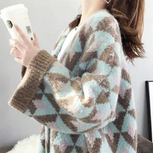 Свитер, пальто, женский кардиган, весна и осень, новинка, свободный, ромбовидная решетка, рукав летучая мышь, длинный рукав, свитер, рубашка
