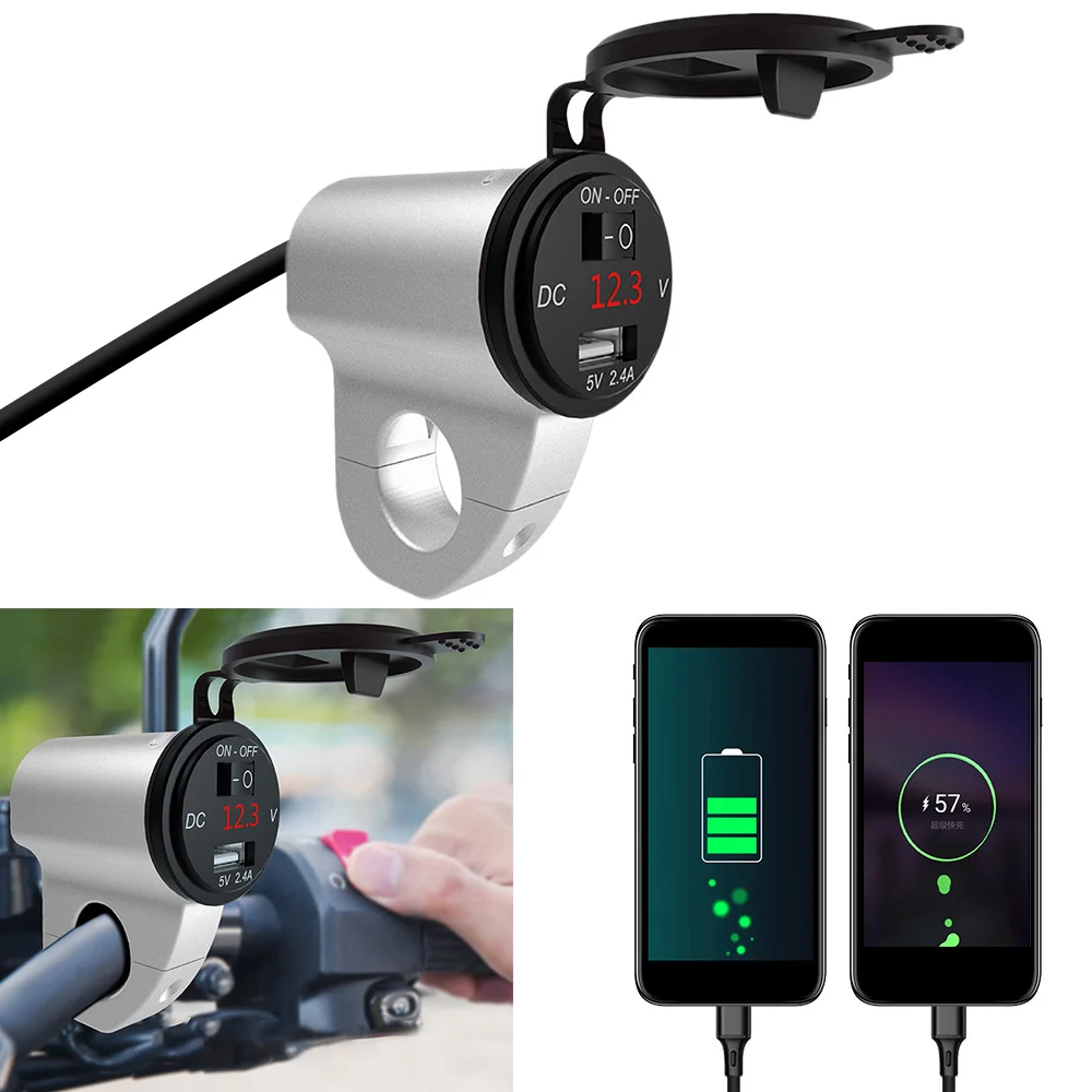 

Motorcycle USB Charger Mobile Phone Adapter 2.4A Digital Display Car Fast Charger With Switch