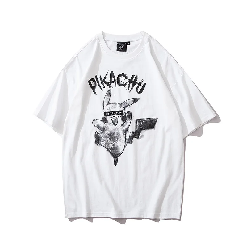

Cotton Harajuku Pikachu Japanese T-shirt Women Black White T Shirt Kawaii Double Print Tshirt Summer Short Sleeve Anime Top Tee